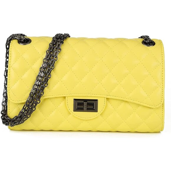 Women Yellow-i PU Quilted Stylish Crossbody Bag with Chain Strap & Flap Closure - Picture 1 of 6